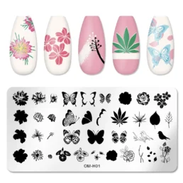 Nail Stamping Plate OM-H01 – Floral, Leaf & Butterfly Designs