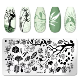 Nail Stamping Plate OM-H07 – Leaf, Branch & Bird Designs