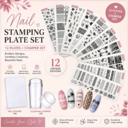Nail Stamping Plate Set – 12 Plates + Clear Stamper & Scraper